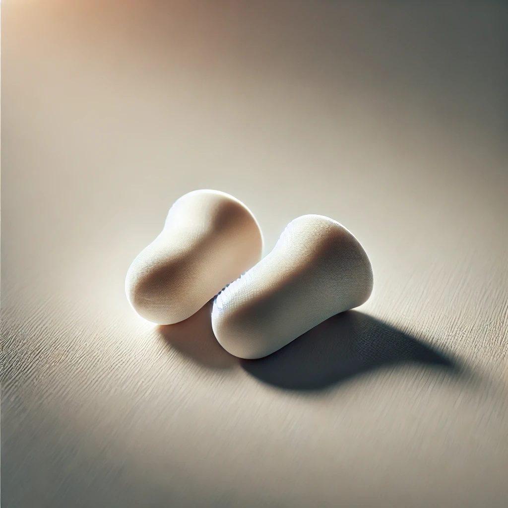 やわらかい素材で作られた白色のフォーム耳栓が2個並んでいる Two white foam earplugs made of soft material placed side by side