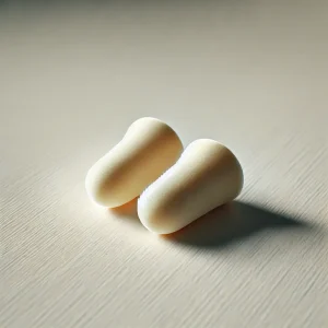 遮音性に優れたベージュ色の耳栓が明るい背景の上に置かれている
Noise-reducing beige earplugs resting on a light-colored surface