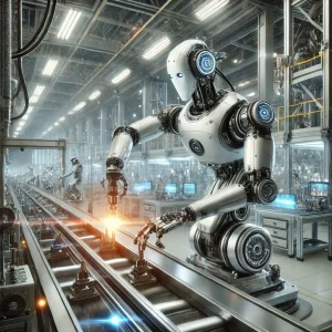工場の製造ラインでアームを伸ばして作業する自動化ロボット
An automation robot extending its arm to work on a production line in a factory