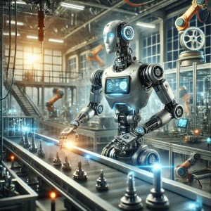 近未来的な工場で組立工程に従事する高性能自動ロボット
A high-performance automation robot assembling parts in a futuristic factory