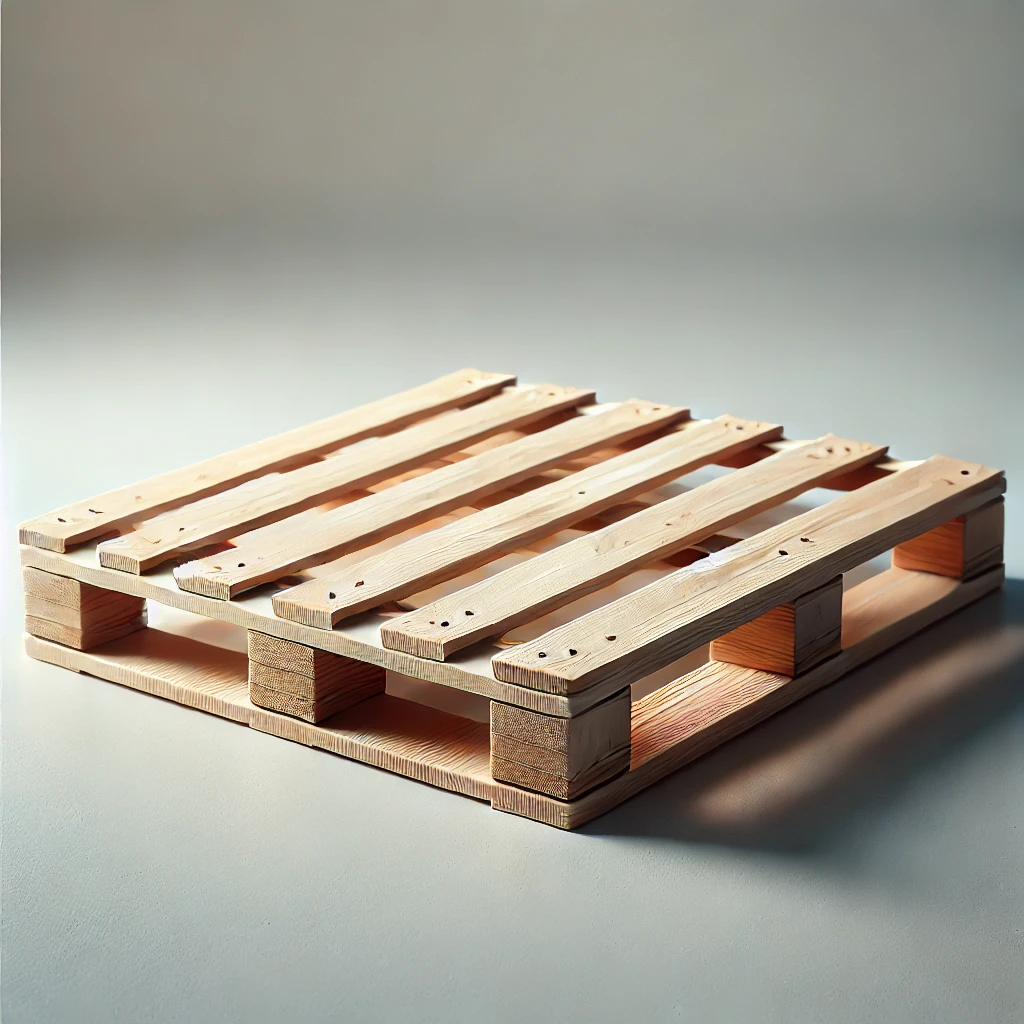 明るい室内で撮影された標準的な木製パレットの斜め上からのアングル Angled top view of a standard wooden pallet photographed in a well-lit indoor setting