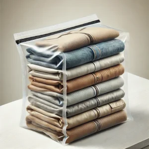 折りたたんだ衣類を整理して収納した、ジッパー付き透明圧縮袋
A transparent compression bag neatly packed with folded clothes and sealed with a zipper