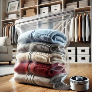 クローゼット前の床に置かれた圧縮袋と電動吸引ポンプ
A compression bag filled with clothes placed on the floor with an electric vacuum pump nearby
