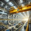 大規模な製造工場の天井を走行する黄色の大型クレーン A large yellow overhead crane moving along the ceiling of a spacious manufacturing plant