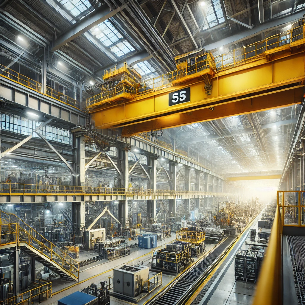 大規模な製造工場の天井を走行する黄色の大型クレーン A large yellow overhead crane moving along the ceiling of a spacious manufacturing plant