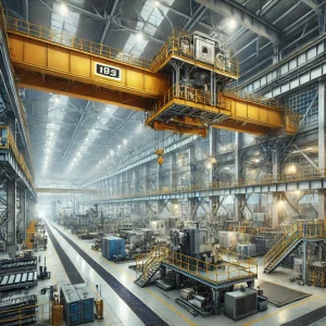 製造ライン上空に設置された高所クレーンと複雑な機械設備群
Overhead crane suspended above a manufacturing line with complex machinery in a factory interior