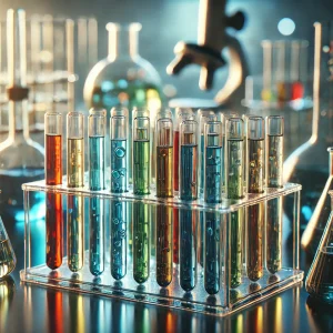 カラフルな液体が入った試験管が整然と並ぶ理科実験室のクローズアップ Close-up of a science lab with neatly arranged test tubes filled with colorful liquids