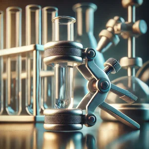 頑丈なグリップ式の試験管挟みが試験管を支え、背後にずらりと試験管やフラスコが並ぶ A sturdy clamp-style test tube holder gripping a tube, with rows of test tubes and flasks in the background