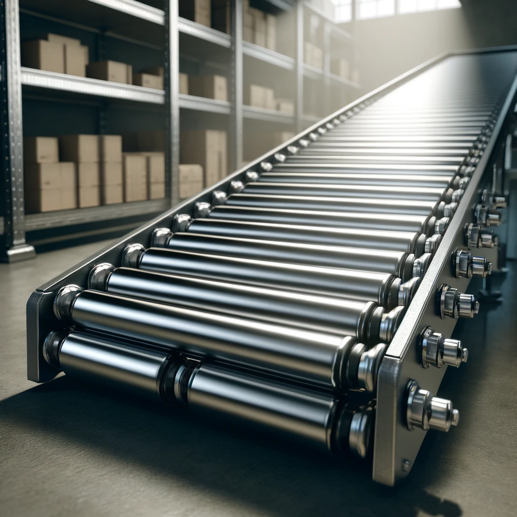倉庫内に設置された傾斜のある重力式ローラーコンベヤのクローズアップ Close-up of a sloped gravity roller conveyor installed in a warehouse