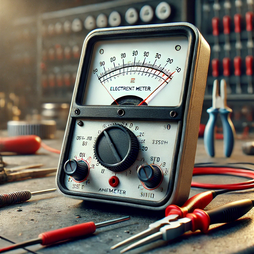 古典的な電流計が作業台に置かれ、周囲にはドライバーやペンチなどの工具が並ぶ A vintage ammeter placed on a workbench, surrounded by tools like screwdrivers and pliers