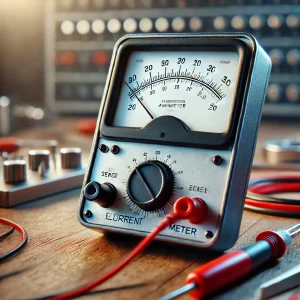 赤いコードが接続された電流計が電子パーツと一緒に木の机の上に設置されている An ammeter with red wires connected, set on a wooden desk alongside electronic components