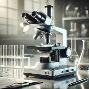 クラシックな顕微鏡がノートとペンとともに実験台に置かれ、柔らかな光が差し込む A classic microscope placed on a lab desk with a notebook and pen, lit by soft natural light