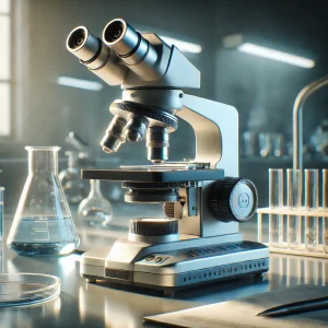 試験器具に囲まれた顕微鏡が実験台の中央に配置され、背景にフラスコやビーカーが並ぶ A microscope centered on a lab bench, surrounded by test equipment with flasks and beakers in the background