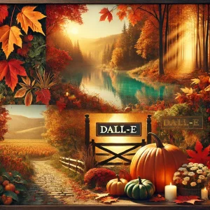 紅葉の森とカボチャに囲まれたDALL·Eの秋の風景ポスター
Autumn landscape poster of DALL·E surrounded by a forest with fall foliage and pumpkins