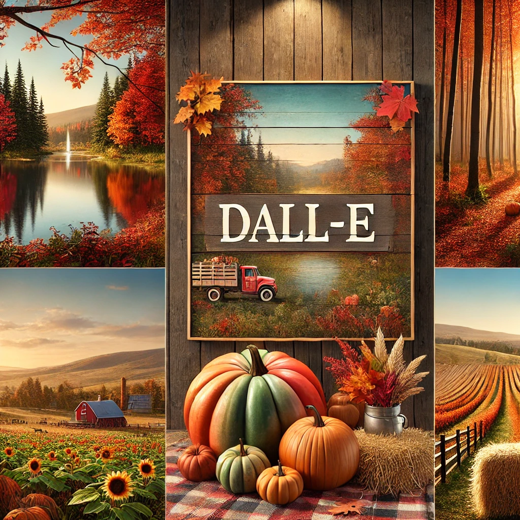 秋の農村風景とカボチャが並ぶDALL·Eのポスター構成 Poster composition of DALL·E with autumn rural scenery and pumpkins