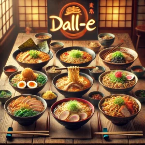 和風の空間に並べられた多彩なラーメン鉢と具材、湯気立つ麺が食欲をそそる構図
A variety of steaming ramen bowls and toppings arranged in a traditional Japanese setting, evoking a warm and appetizing atmosphere