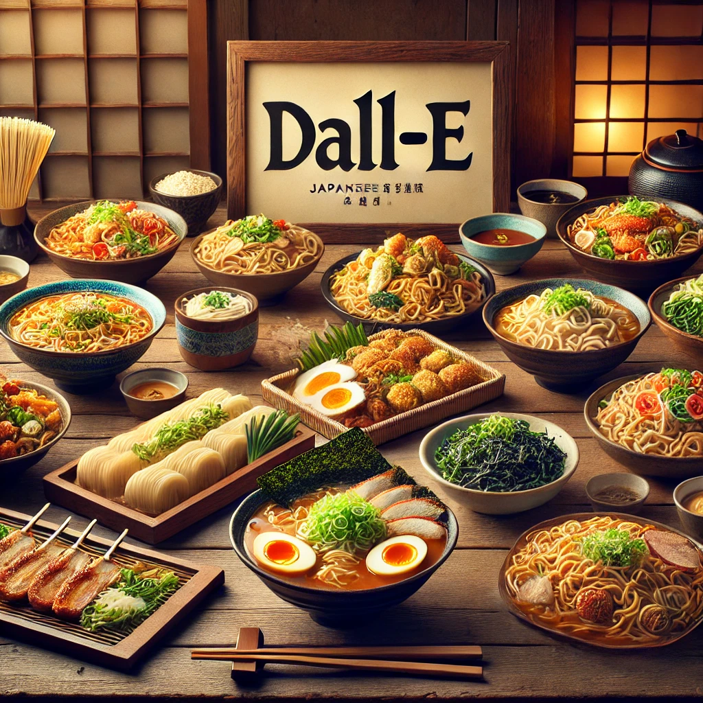 和風の照明と障子を背景に、多彩な日本の麺料理と一品料理が美しく並ぶ食卓 A beautifully arranged table of assorted Japanese noodle dishes and side items set against a traditional shoji-lit background