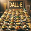 木製テーブルにずらりと並べられた多種多様なラーメン丼とDALL·Eのネオンサインが印象的な美食イメージ Gourmet-themed image with a neon DALL·E sign and a variety of ramen bowls neatly arranged on a wooden table