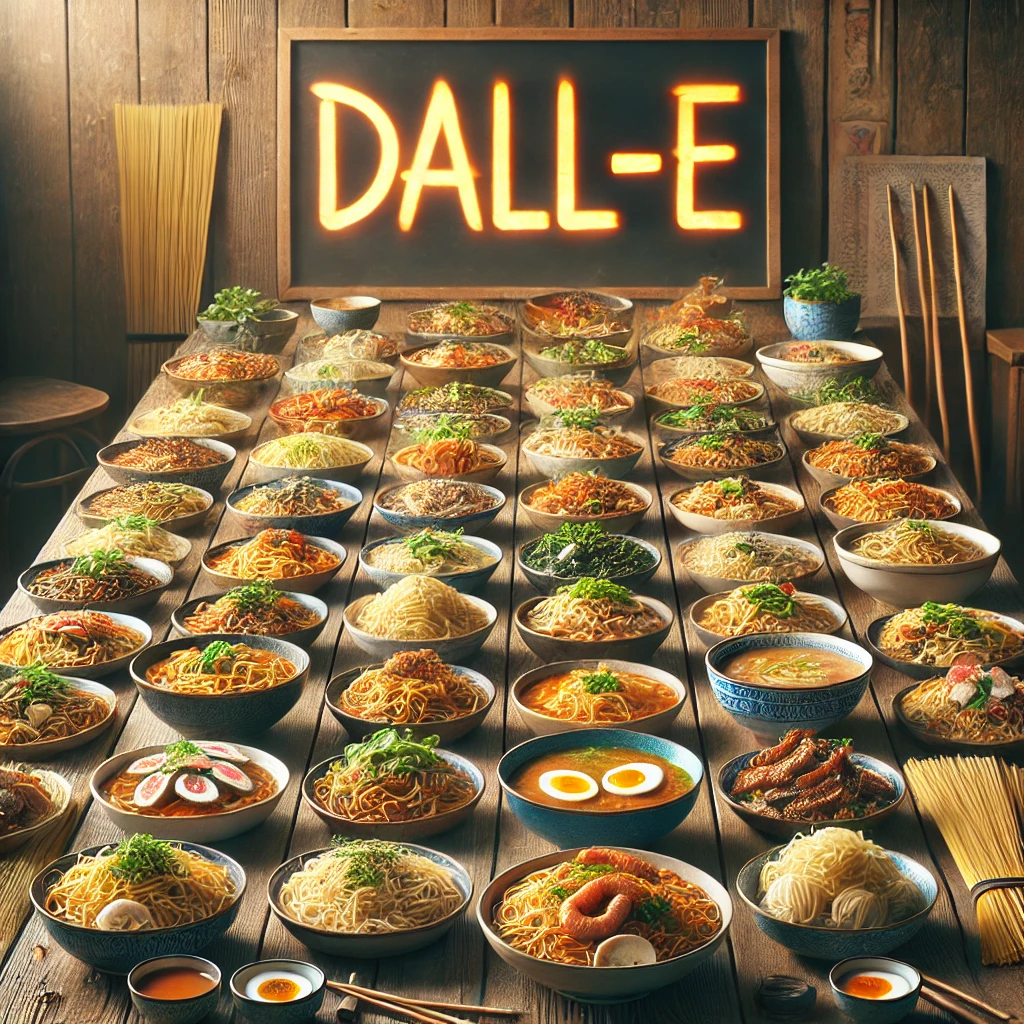 木製テーブルにずらりと並べられた多種多様なラーメン丼とDALL·Eのネオンサインが印象的な美食イメージ Gourmet-themed image with a neon DALL·E sign and a variety of ramen bowls neatly arranged on a wooden table
