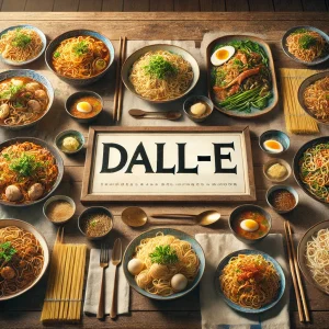 DALL·Eのロゴを中心に、さまざまな種類のラーメンやサイドメニューが並べられた食卓のイメージ
Dining table scene featuring various types of ramen and side dishes arranged around a central DALL·E logo