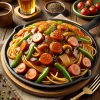 鉄板の上に盛られた濃厚な餡とソーセージ、野菜が絡む名古屋名物のあんかけスパゲッティ Ankake spaghetti with sausages and vegetables served on a sizzling iron plate, a Nagoya specialty