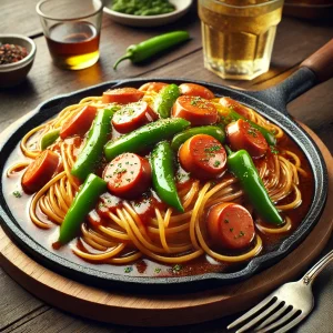 ピーマンとソーセージがたっぷり入った、スパイシーなソースのあんかけスパゲッティ Spicy ankake spaghetti with bell peppers and sliced sausages on a hot iron plate