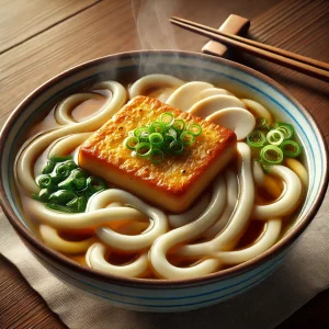 湯気が立ち上るきつねうどん、黄金色の揚げと青ねぎが食欲をそそる Steaming bowl of kitsune udon with golden fried tofu and green onions that whet the appetite