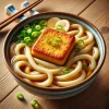 つややかなうどんと香ばしい揚げが出汁の中に美しく盛られた一杯 Glossy udon noodles and savory fried tofu beautifully served in a light dashi broth