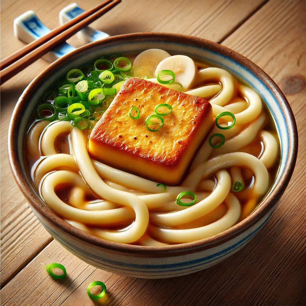 つややかなうどんと香ばしい揚げが出汁の中に美しく盛られた一杯 Glossy udon noodles and savory fried tofu beautifully served in a light dashi broth