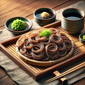 艶やかなそばが円形に巻かれた盛り付け、風味豊かなつゆと薬味が添えられている Glossy buckwheat noodles coiled in circles, accompanied by flavorful dipping sauce and fresh toppings