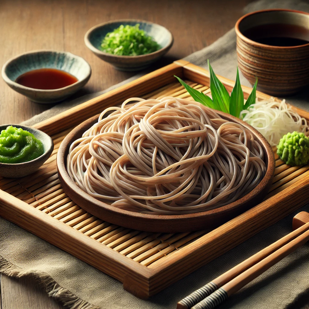 ざるに美しく盛られた冷たいそば、薬味とつゆが添えられた涼やかな一皿 Chilled soba noodles neatly arranged on a bamboo tray, served with dipping sauce and condiments