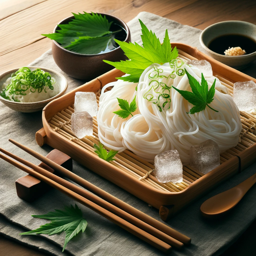 氷と青もみじを添えた冷たいそうめん、清涼感あふれる夏の一皿 Chilled somen noodles garnished with ice and green maple leaves, evoking a refreshing summer vibe