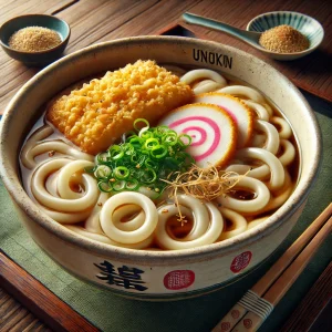 揚げ物やナルトが豪快に盛られたたぬきうどん、コクのある出汁が食欲をそそる Tanuki udon richly topped with fried items and naruto, served in a flavorful and inviting broth