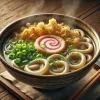 サクサクの天かすとナルトが彩りを添えるたぬきうどん、湯気が立ち上る熱々の一杯 Hot bowl of tanuki udon topped with crispy tempura bits and naruto fish cake, steaming with warmth