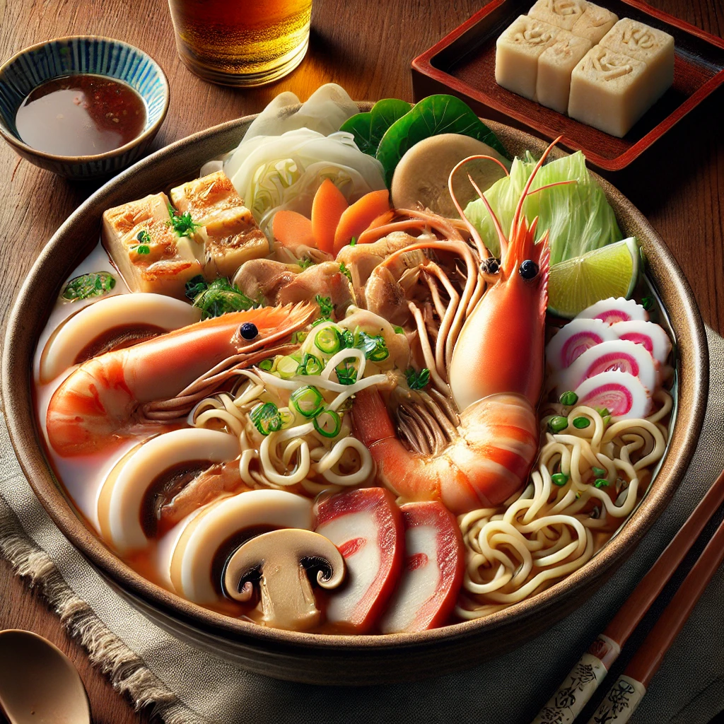 エビやかまぼこ、野菜がたっぷり入ったちゃんぽん、具材の彩りが美しい Champon loaded with shrimp, kamaboko, and vegetables, beautifully presented with vibrant colors