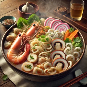 湯気が立つ大ぶりの海鮮と練り物が贅沢に盛られたちゃんぽん、食べ応え満点 Steaming bowl of champon generously topped with seafood and fish cakes, offering a hearty meal