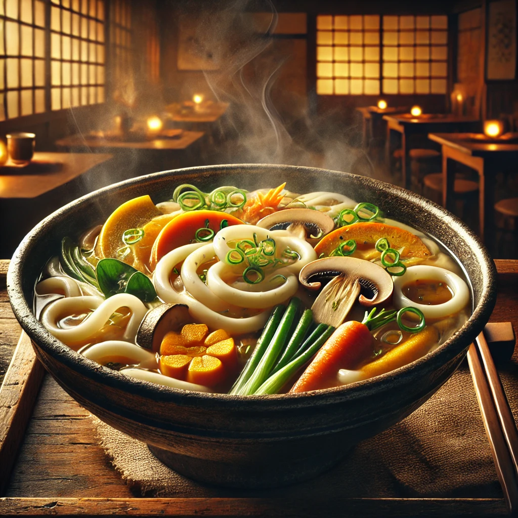 かぼちゃやきのこ、根菜がたっぷり入ったほうとう、田舎のぬくもり感じる鍋料理 Hoto hot pot with pumpkin, mushrooms, and root vegetables, evoking rustic warmth