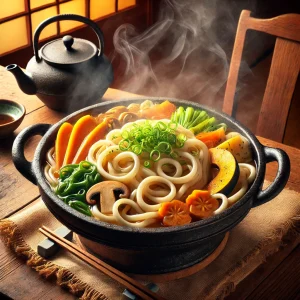 彩り豊かな野菜と平打ちうどんが土鍋に煮込まれた、郷土色あふれる山梨の味 Colorful vegetables and flat udon simmered in a clay pot, showcasing the local flavor of Yamanashi