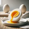 半熟の黄身がとろりと流れ出すゆで卵が白い皿に美しく盛りつけられている Soft-boiled egg with runny yolk beautifully served on a white plate