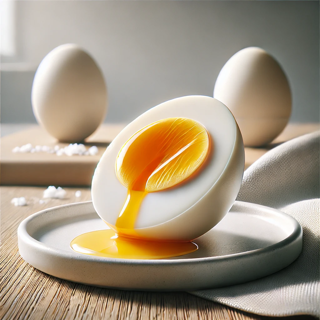 半熟の黄身がとろりと流れ出すゆで卵が白い皿に美しく盛りつけられている Soft-boiled egg with runny yolk beautifully served on a white plate