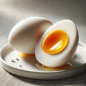 とろける黄身が輝く半熟ゆで卵がプレートに置かれたシンプルで上品な構図
Elegant composition of a soft-boiled egg with glossy yolk on a minimalist plate