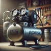作業場に置かれたゲージ付きのポータブルエアコンプレッサー A portable air compressor with pressure gauges placed in a workshop