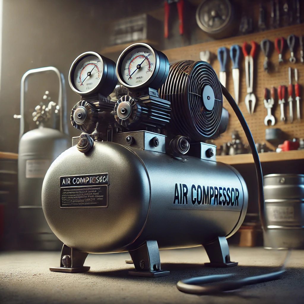 作業場に置かれたゲージ付きのポータブルエアコンプレッサー A portable air compressor with pressure gauges placed in a workshop