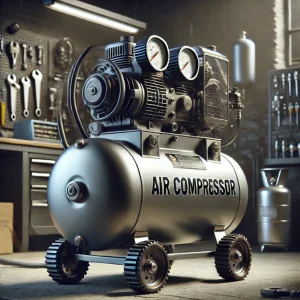 工具棚の前に設置されたタイヤ付きの大型エアコンプレッサー A large wheeled air compressor positioned in front of a tool rack