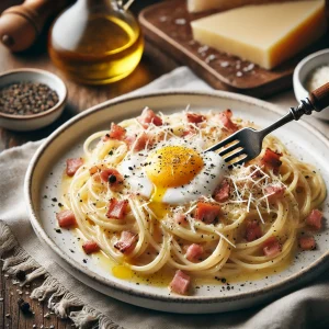 卵黄とベーコン、黒胡椒、チーズが絡む濃厚なカルボナーラパスタの美しい盛り付け
Richly plated carbonara pasta topped with egg yolk, bacon, black pepper, and grated cheese