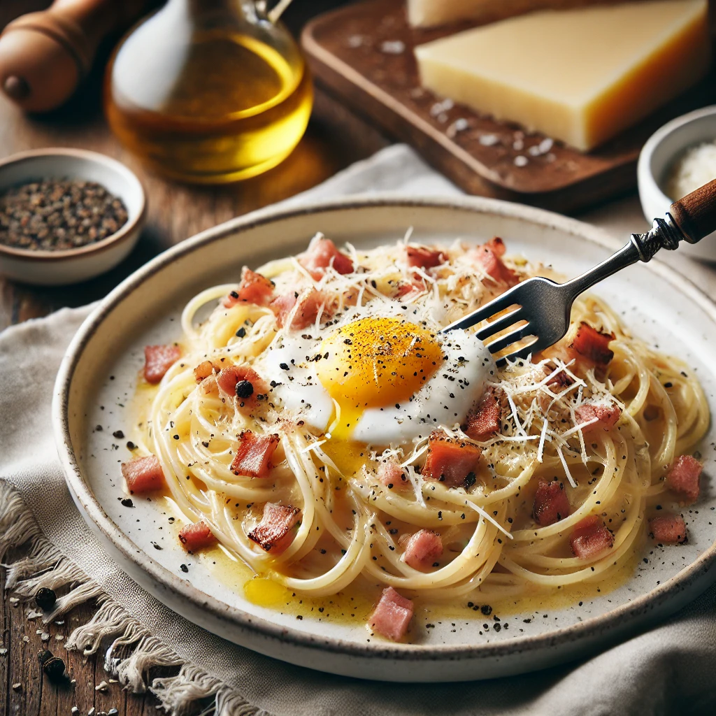 卵黄とベーコン、黒胡椒、チーズが絡む濃厚なカルボナーラパスタの美しい盛り付け Richly plated carbonara pasta topped with egg yolk, bacon, black pepper, and grated cheese