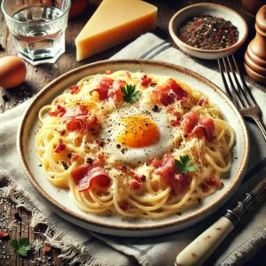 とろける卵とカリカリベーコンがのった風味豊かなカルボナーラ、チーズや胡椒も添えられた一皿
Flavorful carbonara pasta with a runny egg, crispy bacon, cheese, and black pepper on top