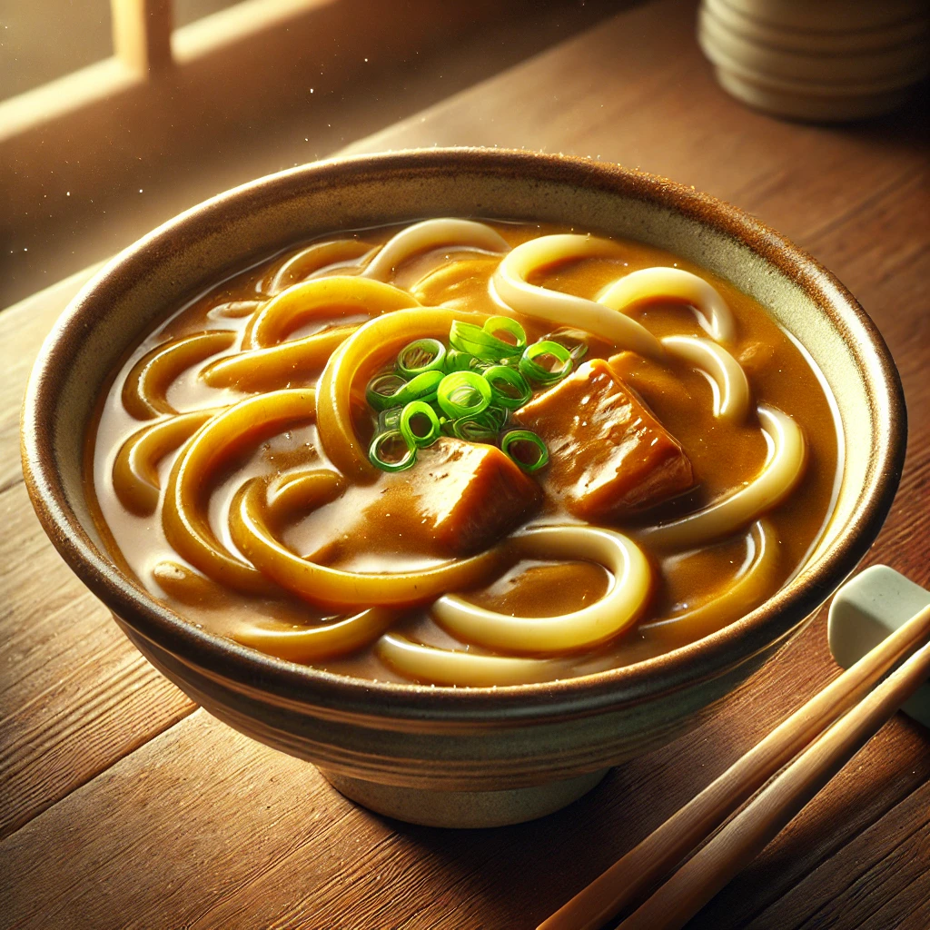 濃厚なカレー出汁にやわらかいうどんが絡む一杯、青ねぎと角煮が食欲をそそる Thick curry broth coating soft udon noodles, topped with green onions and tender pork cubes
