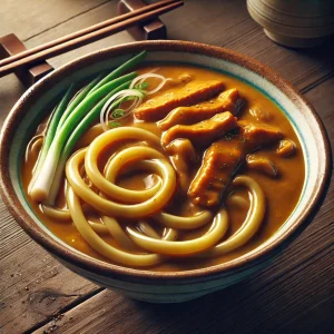 香ばしい揚げ物と長ねぎがのったカレーうどん、スパイス香る温かな一皿 Curry udon topped with fried meat and scallions, served as a warm and aromatic dish