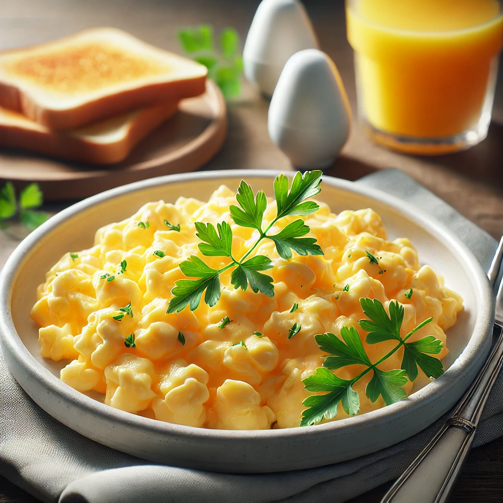パセリを添えたふわふわのスクランブルエッグがトーストとジュースとともに並ぶ朝食プレート Fluffy scrambled eggs garnished with parsley served with toast and juice for breakfast